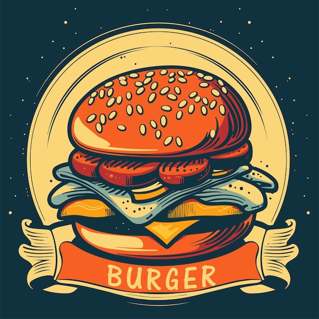 Ilustración vintage del logotipo de la hamburguesa con arte vectorial