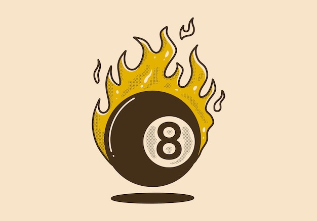 Ilustración vintage de ocho bolas con llama de fuego en color amarillo