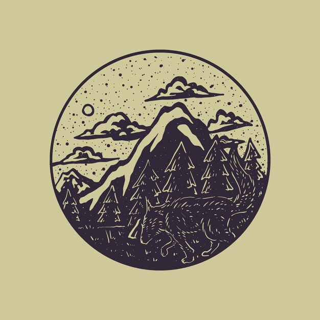 Ilustración vintage de perro en el sello del bosque