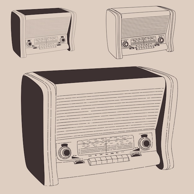Ilustración vintage de radiogramófono, estilo retro grabado, dibujado a mano, boceto