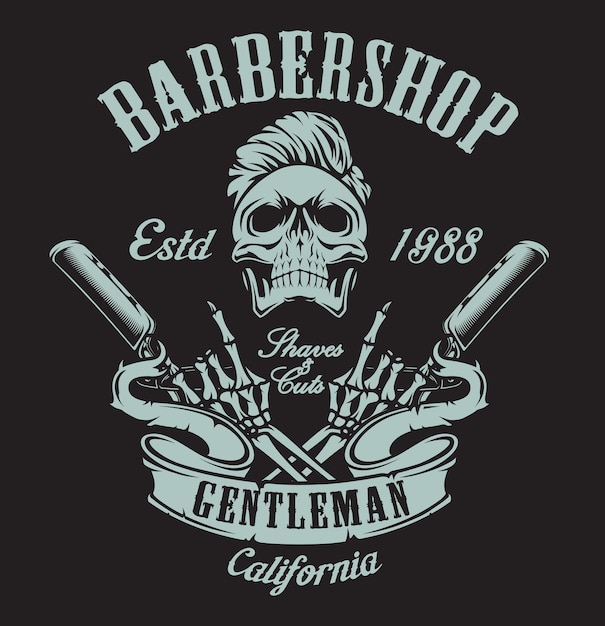 Ilustración vintage sobre el tema de una barbería con una calavera y una navaja de afeitar sobre un fondo oscuro. Todos los elementos y el texto están en un grupo separado.