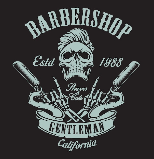 Ilustración vintage sobre el tema de una barbería con una calavera y una navaja de afeitar sobre un fondo oscuro. todos los elementos y el texto están en un grupo separado.