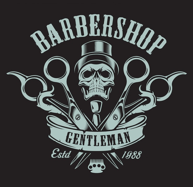 Ilustración vintage sobre el tema de la barbería con una calavera sobre un fondo oscuro. todos los elementos y el texto están en un grupo separado.