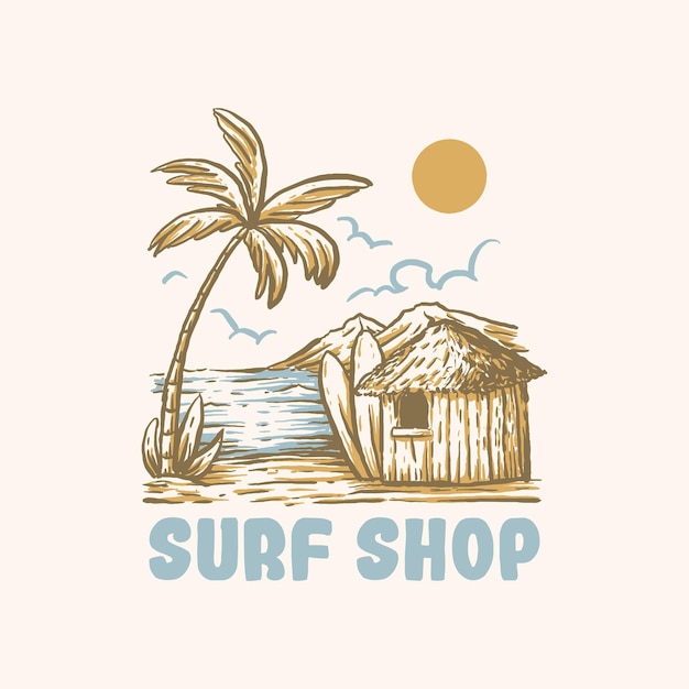 ilustración vintage de la tienda de surf de verano