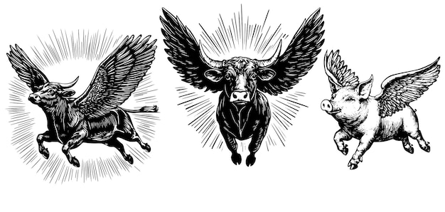 Ilustración vintage de una vaca y un cerdo con alas dibujos divertidos de ganado volador ideales para temas de granja