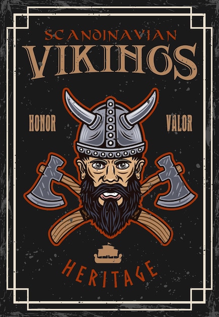 Ilustración vintage vectorial de carteles vikingos en estilo colorido con texturas grunge en capas separadas