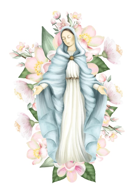 Ilustración de la Virgen María y flores de flor de manzano de primavera