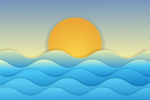 Ilustración de vista al mar y puesta de sol en el corte de papel de la tarde e ilustración de vector de estilo artesanal