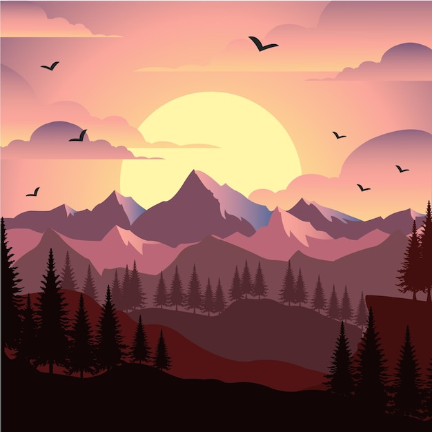 Ilustración de una vista del atardecer en las montañas Vector Design Illustrator