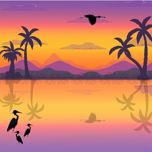 Vector ilustración de vista brillante del atardecer