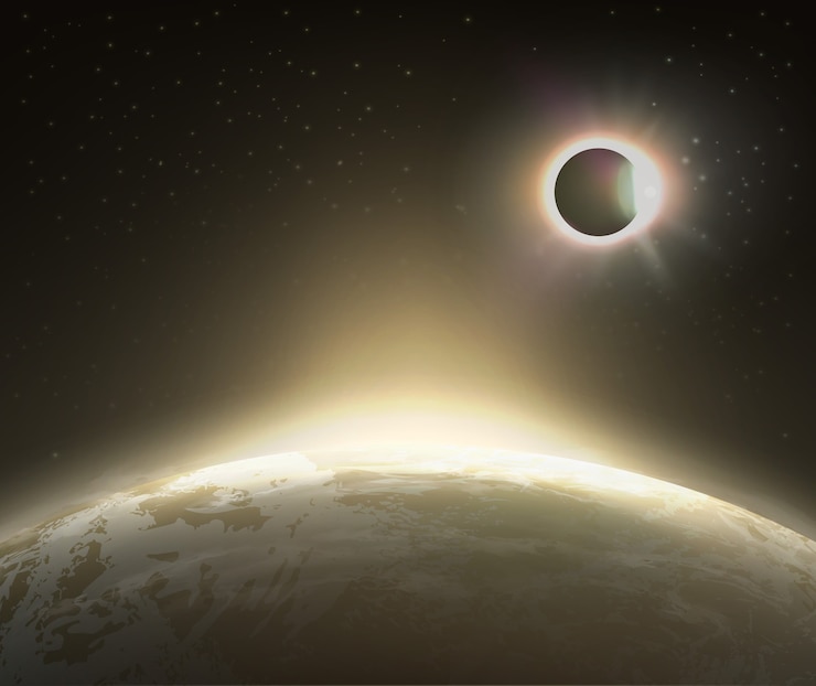 Vector ilustración de la vista del eclipse solar desde el espacio con la tierra en el fondo