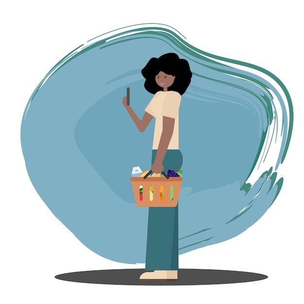 Ilustración de vista lateral de una niña afroamericana de piel oscura sosteniendo una canasta de compras con comestibles