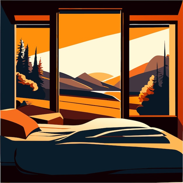 Ilustración de la vista de la montaña en el dormitorio