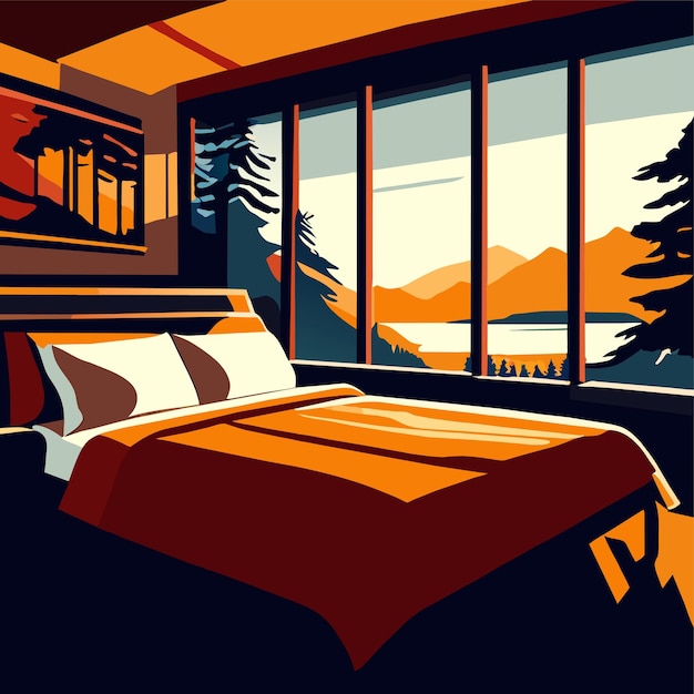 Vector ilustración de la vista de la montaña en el dormitorio