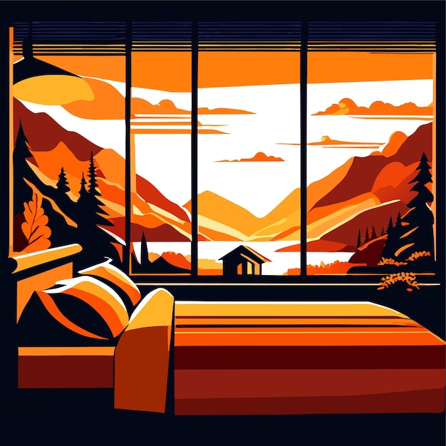 Vector ilustración de la vista de la montaña en el dormitorio