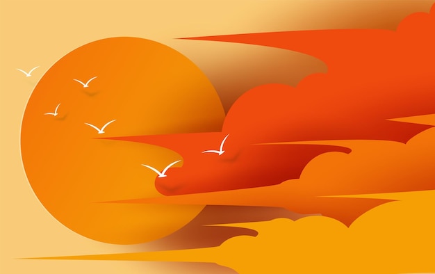 Ilustración de la vista del paisaje nublado y la puesta de sol por la noche con la temporada de verano. Hermosa mosca de pájaro para la escena de la puesta de sol en el cielo naranja. Corte de papel digital de diseño creativo y estilo artesanal. EPS10