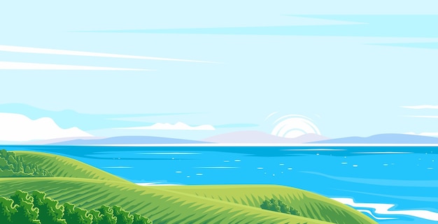 Ilustración de la vista de la playa desde la colina de la granja