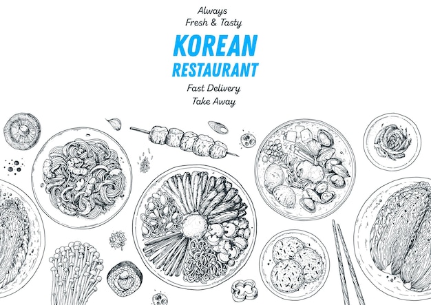 Ilustración de vista superior de comida coreana Boceto dibujado a mano Bibimbap kimchi ramen fideos brochetas Comida callejera coreana para llevar diseño de menú Ilustración vectorial