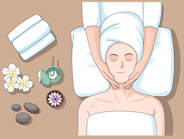 Vector ilustración de la vista superior de una mujer joven que recibe un tratamiento de masaje de spa en un salón de belleza f