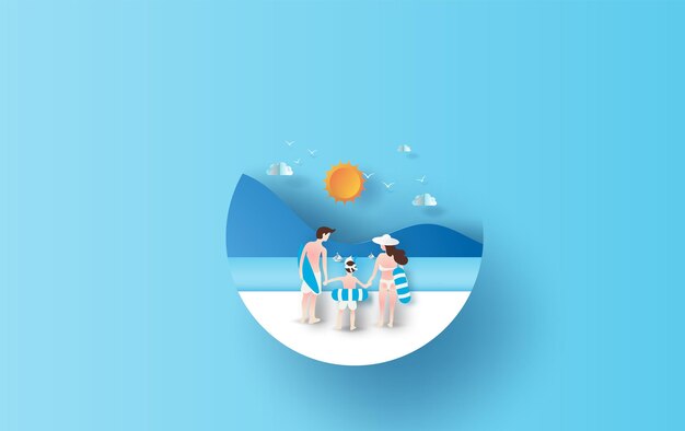 Ilustración de vista trasera Familia joven divirtiéndose feliz en la playa. Gente buceando en anillo de natación de goma. Colorido pastel simple. Verano en corte de papel con vista al mar y concepto artesanal.Idea circular.vector