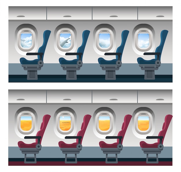 Ilustración de vista de ventana de avión, interior de dibujos animados, visualización de viaje a través del ojo de buey en paisaje de cielo nublado o paisaje desértico