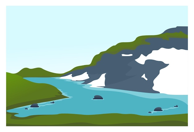 Ilustración de vistas de montañas, ríos y tierras verdes bajo el cielo azul.