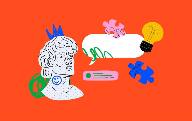 Vector una ilustración vívida con un busto clásico burbujas de habla una bombilla y piezas de rompecabezas