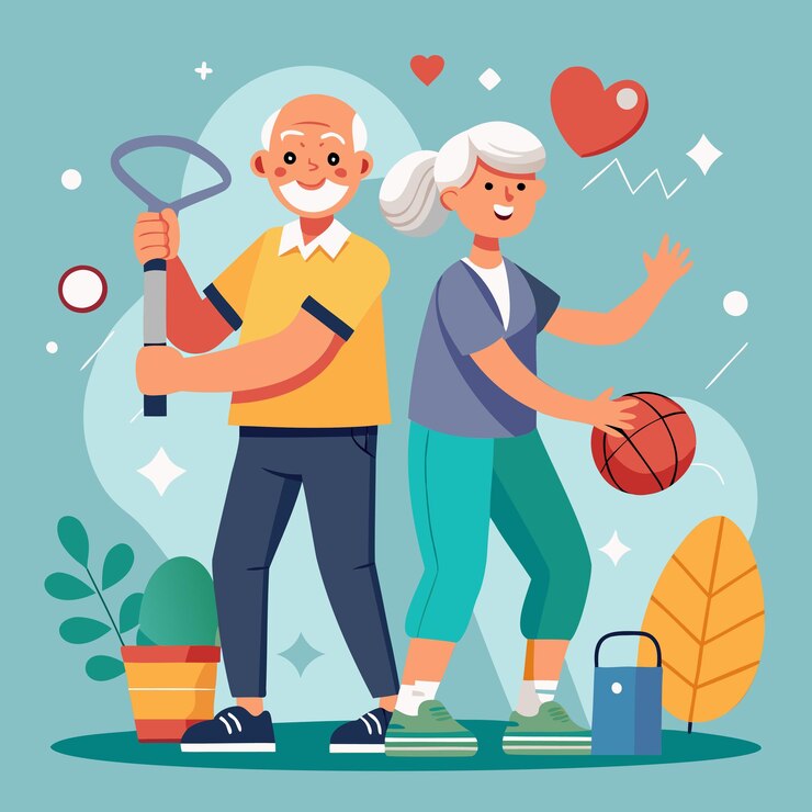 Vector una ilustración vívida de una pareja de ancianos que participan en deportes para promover la salud y el bienestar