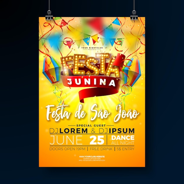 Ilustración de volante de fiesta Festa Junina con linterna de papel y letras de cartelera de bombilla retro