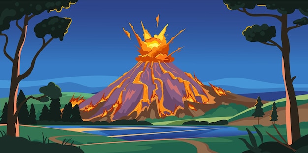 Vector ilustración de volcán activo. actividad volcánica con magma, humo y erupción, lava. desastre de la naturaleza.