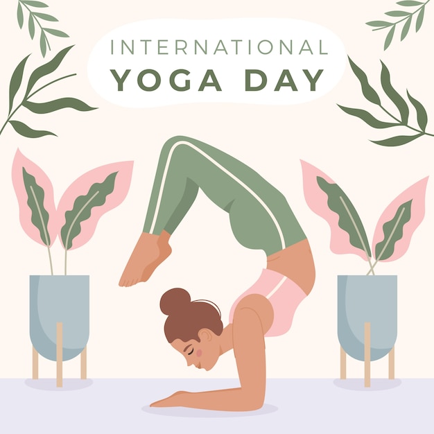 Vector ilustración de yoga plana dibujada a mano del día internacional del yoga