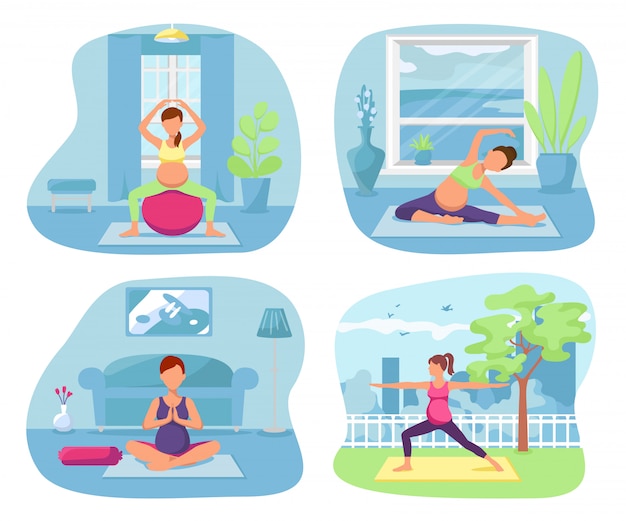 Ilustración de yoga sana mujer embarazada. Embarazo ejercicio estilo de vida en el hogar, fitness femenino. Madre plantean relajación plana