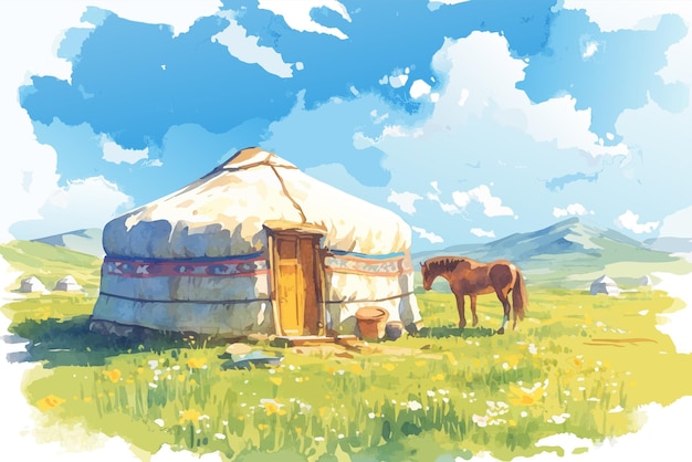 Vector una ilustración de una yurta en estilo acuarela
