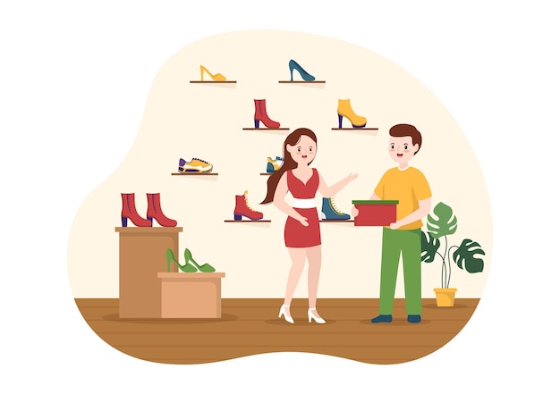 Ilustración de zapatería con nueva colección Hombres o mujeres Varios modelos de zapatillas y tacones altos