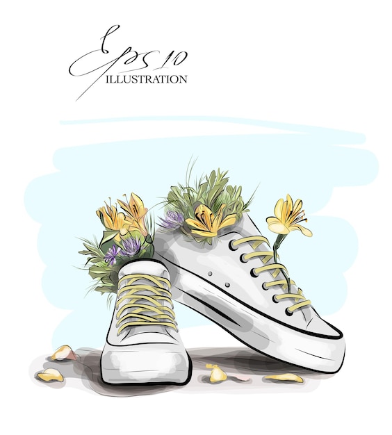 Ilustración de zapatillas con flores y hojas