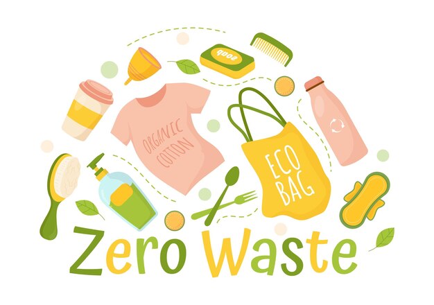 Ilustración Zero Waste de Eco Friendly con productos reciclables y reutilizables para Go Green