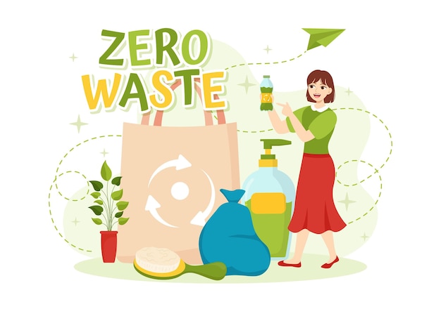 Ilustración Zero Waste de Eco Friendly con productos reciclables y reutilizables para Go Green