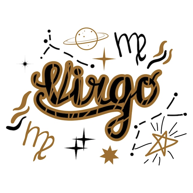 Vector ilustración del zodiaco de virgo cartel con letras pintadas a mano