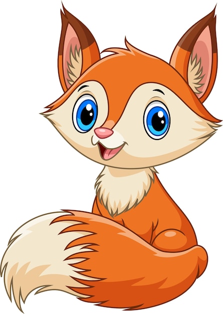 Ilustración de un zorro lindo de dibujos animados y adorable sentado y sonriendo sobre un fondo blanco
