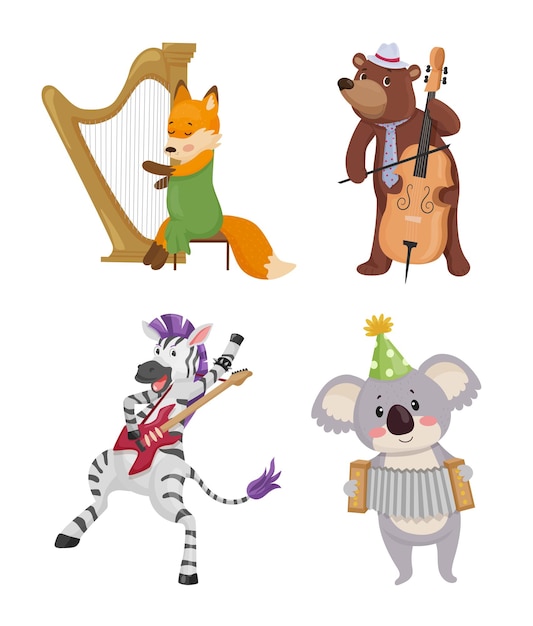 Ilustración de un zorro, un oso, una cebra y un koala que tocan instrumentos musicales. Arte infantil de animales lindos para ilustrar ropa, juguetes y otros productos para niños.
