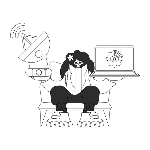 ilustraciónElla sostiene una antena y una computadora portátil para analizar datos de IoT representados en estilo vectorial lineal