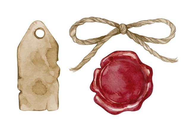 Vector ilustraciones de acuarela de arco de cuerda de etiqueta de papel y sello de cera roja aislado sobre fondo blanco