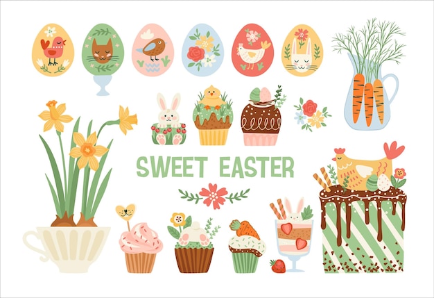 Ilustraciones aisladas de pascua postre de pastel de cupcake con símbolos de pascua diseño vectorial