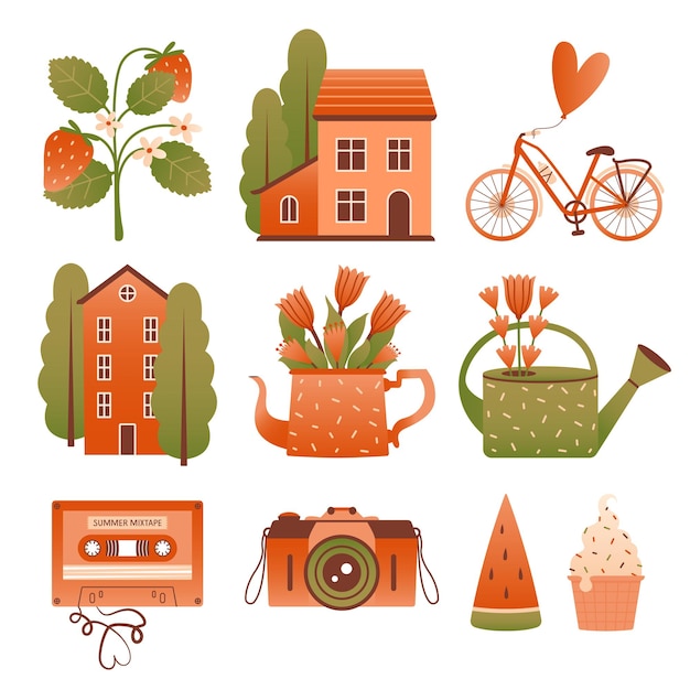 Ilustraciones aisladas de verano con cliparts vectoriales con casa de bicicleta de sandía de fresa
