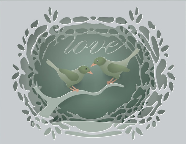 Ilustraciones de AMOR con par de pájaros en la rama en fondo gris