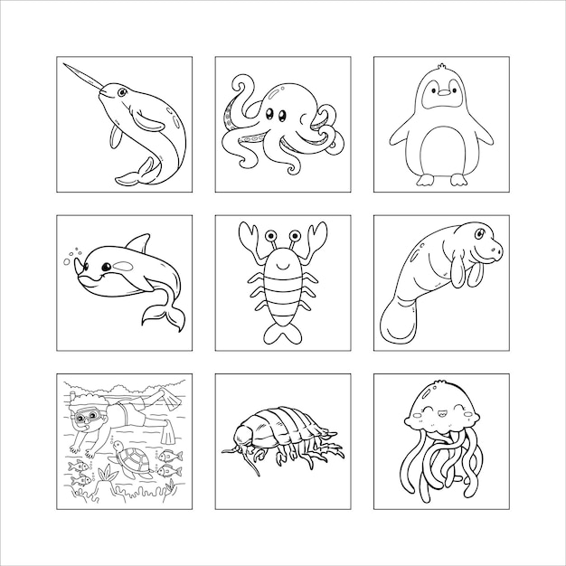 Ilustraciones de animales acuáticos para el libro de colorear con narval, pulpo, pingüino y buzo