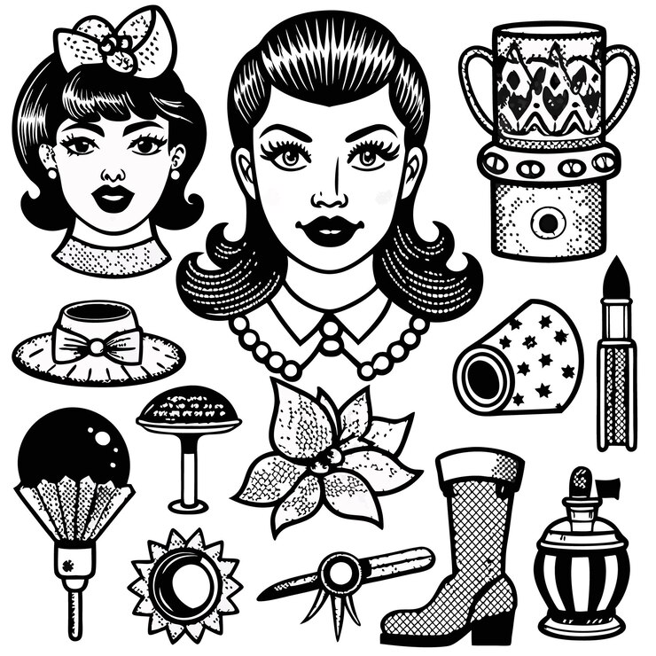 Vector ilustraciones antiguas en blanco y negro de accesorios de moda