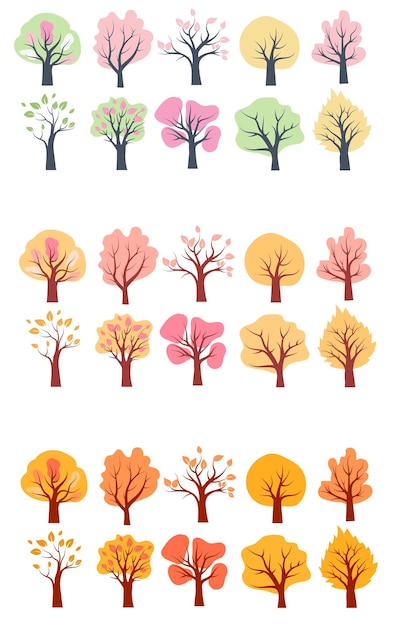 Ilustraciones de árboles de otoño y primavera que muestran los cambios estacionales en el follaje y los colores