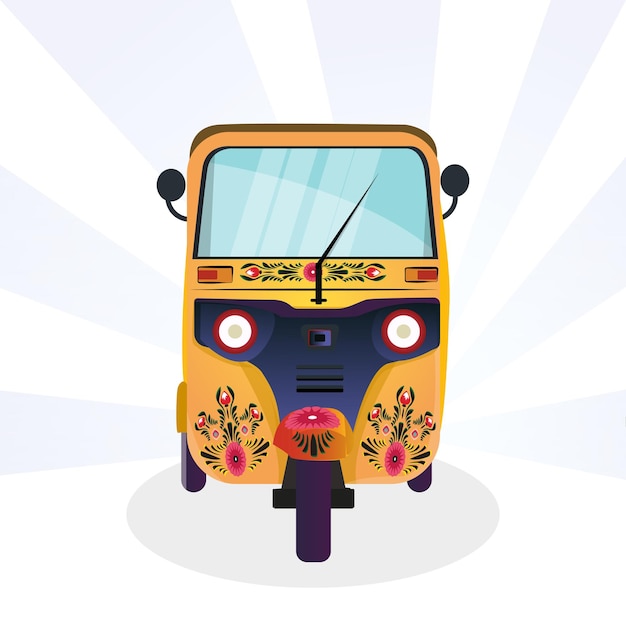 Vector ilustraciones de autorickshaw amarillo en india con pintura de rickshaw vista frontal de tuktuk