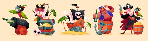 Ilustraciones de aventuras piratas en diseño plano.